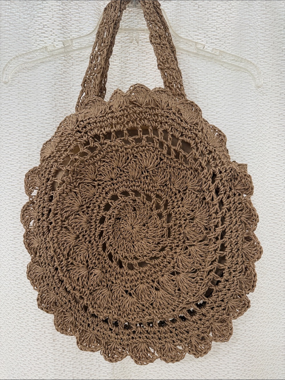 NWOT Handcrafted Straw Crochet Round Tote Bag - Khaki Tan